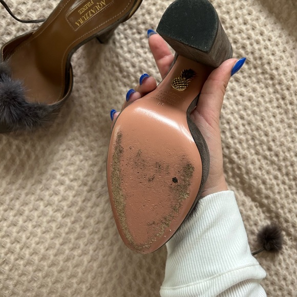 Grey Suede Aquazzura Pom Pom Block Heel Size 35 or 5 - Picture 5 of 10